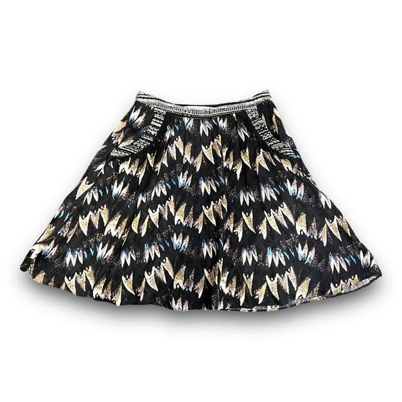 DIANE VON FURSTENBERG Silk black & taupe print skirt lace trim pockets SZ 2 - Picture 2 of 12